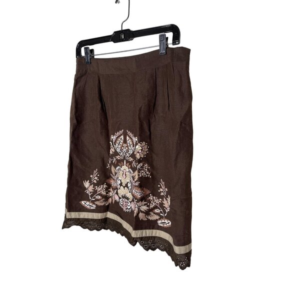Loft Skirt Womens 10P Petites A Line Brown Linen Blend Embroidered Boho Fall - Picture 4 of 10
